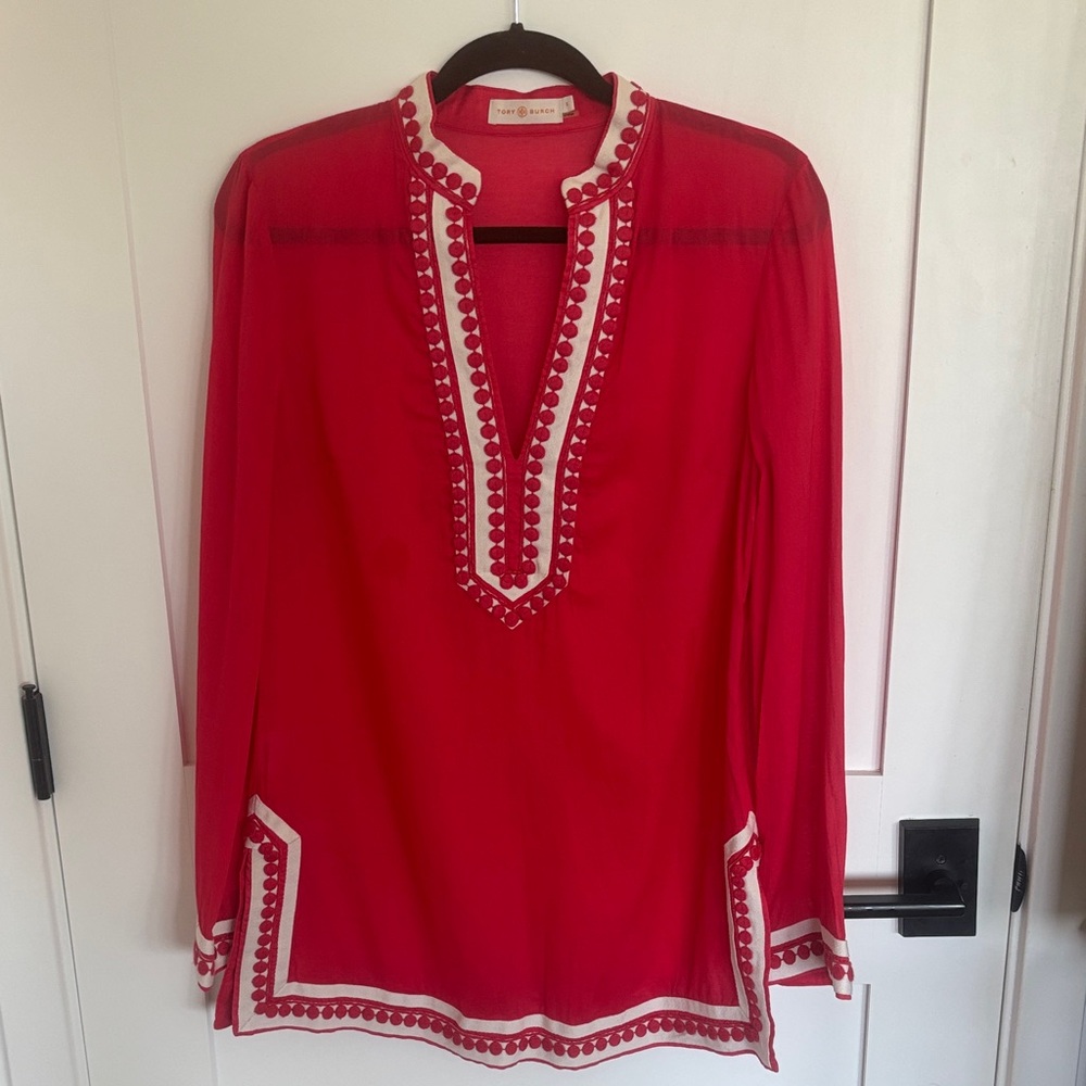 Tory Burch Red and White Embroidered Tunic